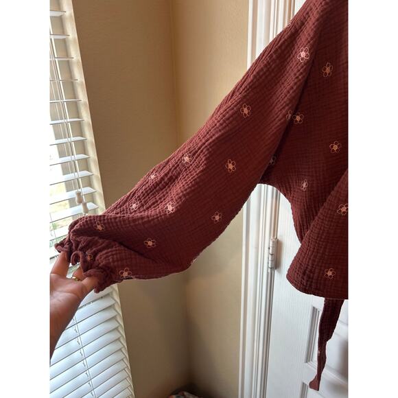 Madewell Brown and Light Pink with Embroidery, Wrap Top, Slub Cotton - Picture 7 of 9